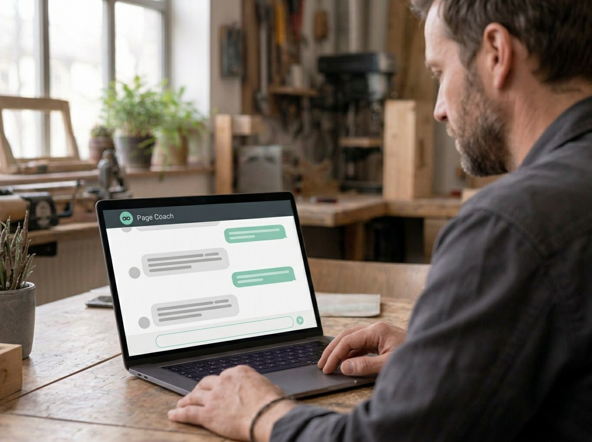 Ein Unternehmer im Dialog mit dem Page Coach auf dem Laptop